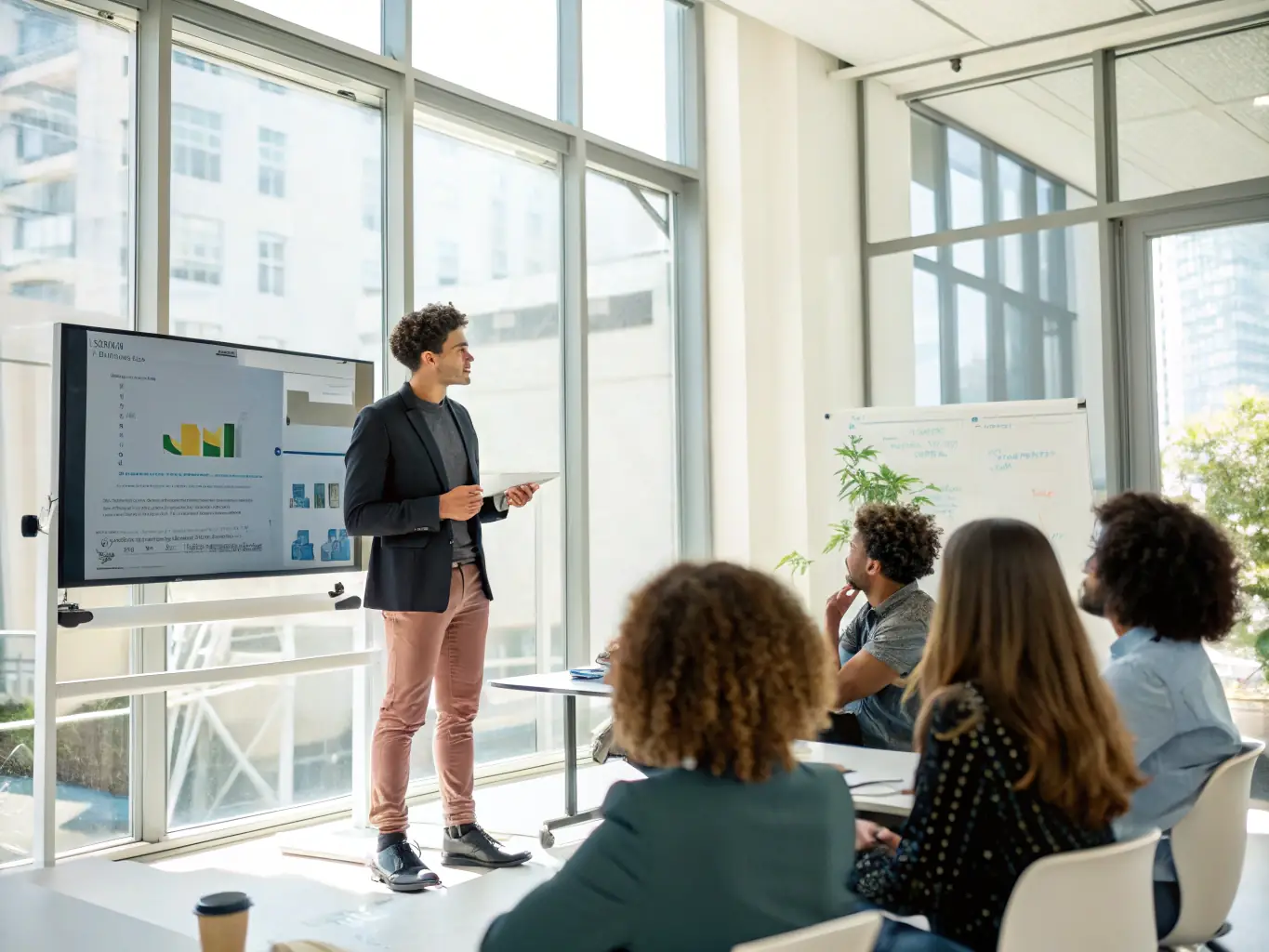 A young entrepreneur presenting their startup idea to a coach in a collaborative workspace, illustrating Startup and Entrepreneur Coaching.