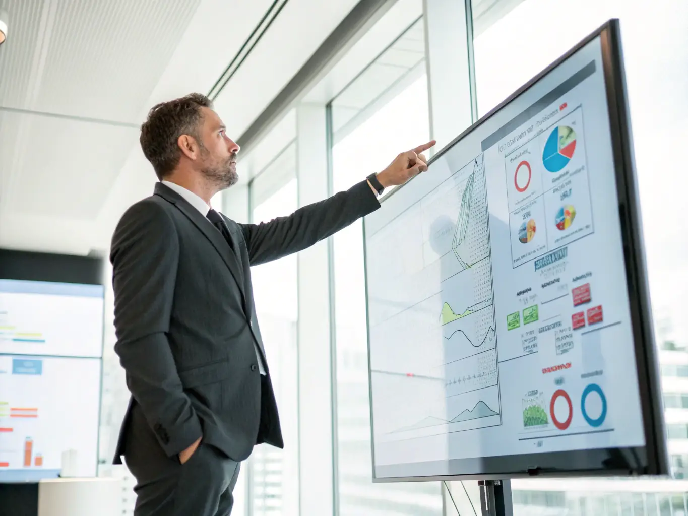 A professional in a business suit confidently presenting a strategic plan in a modern office setting, symbolizing executive business coaching.