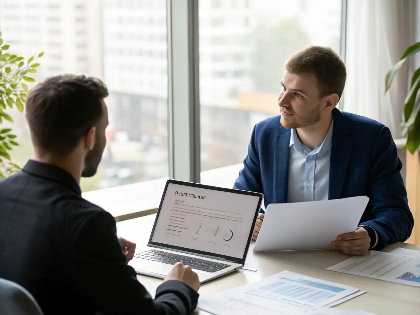 A professional coach engaging with a client in a modern office setting, discussing strategies with a confident business professional, representing Executive Business Coaching.