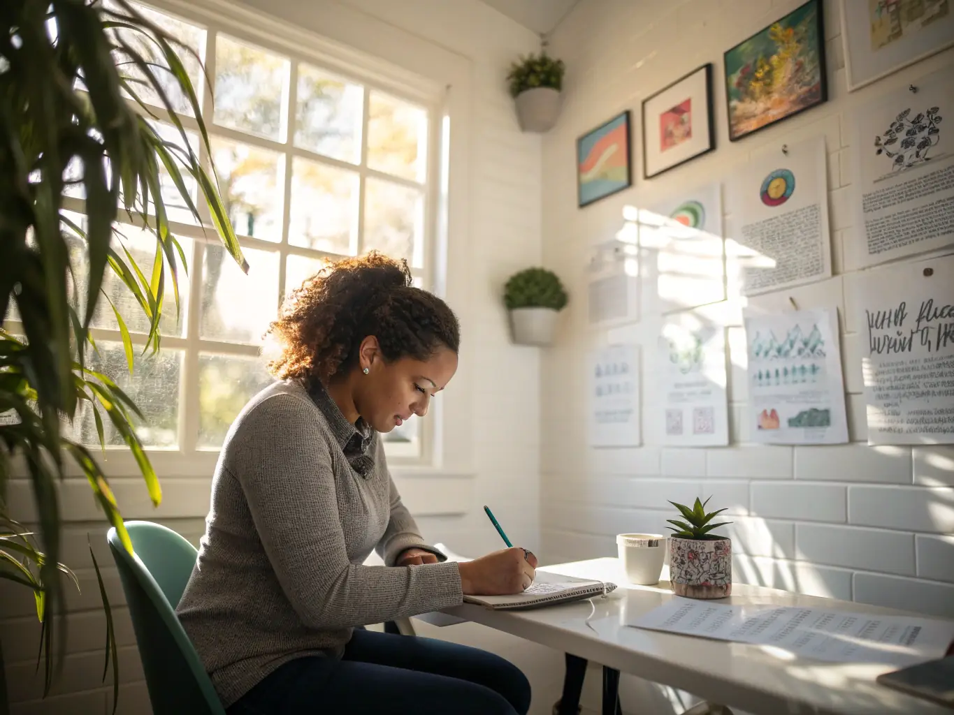 A motivated individual receiving career guidance from a coach, with a UK cityscape visible through the window, symbolizing Career Development Coaching.